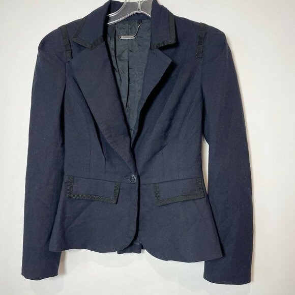 Trina Turk Womens One Button Blazer Jacket Formal Navy Blue Size 2 Wool Blend - Picture 1 of 7